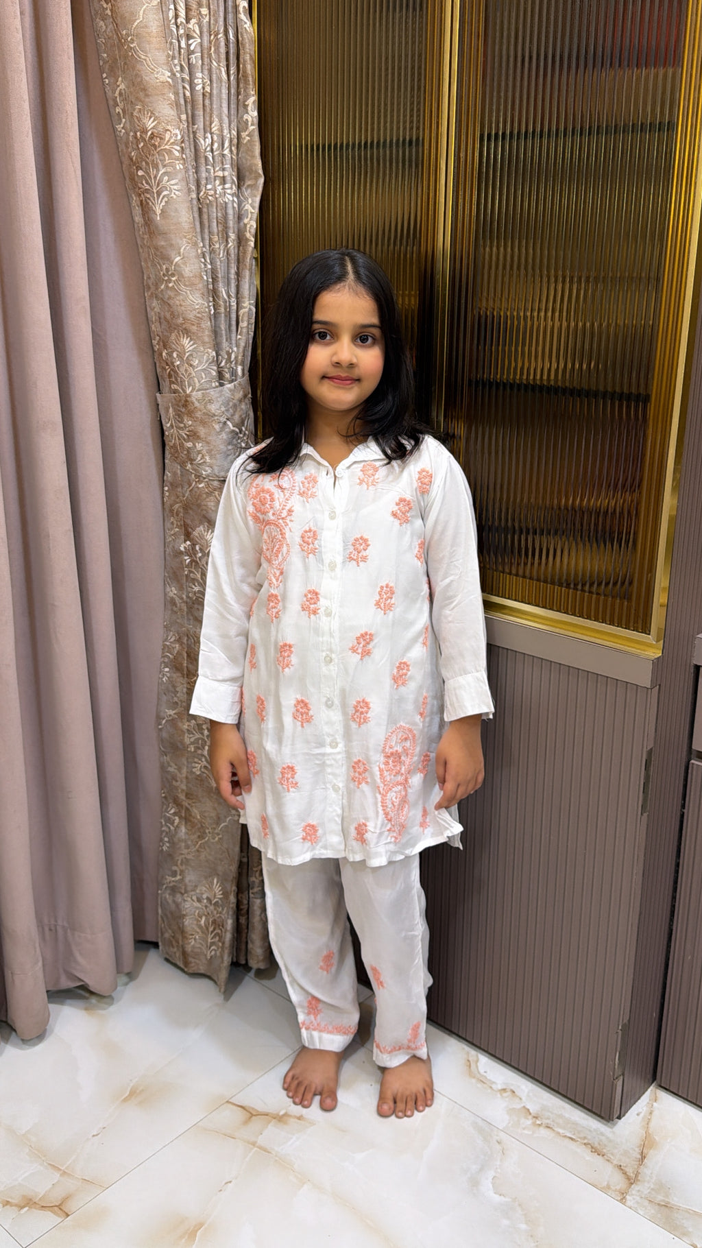 #2020 Peach Kids Rayon White with Coloured Co-Ord Set