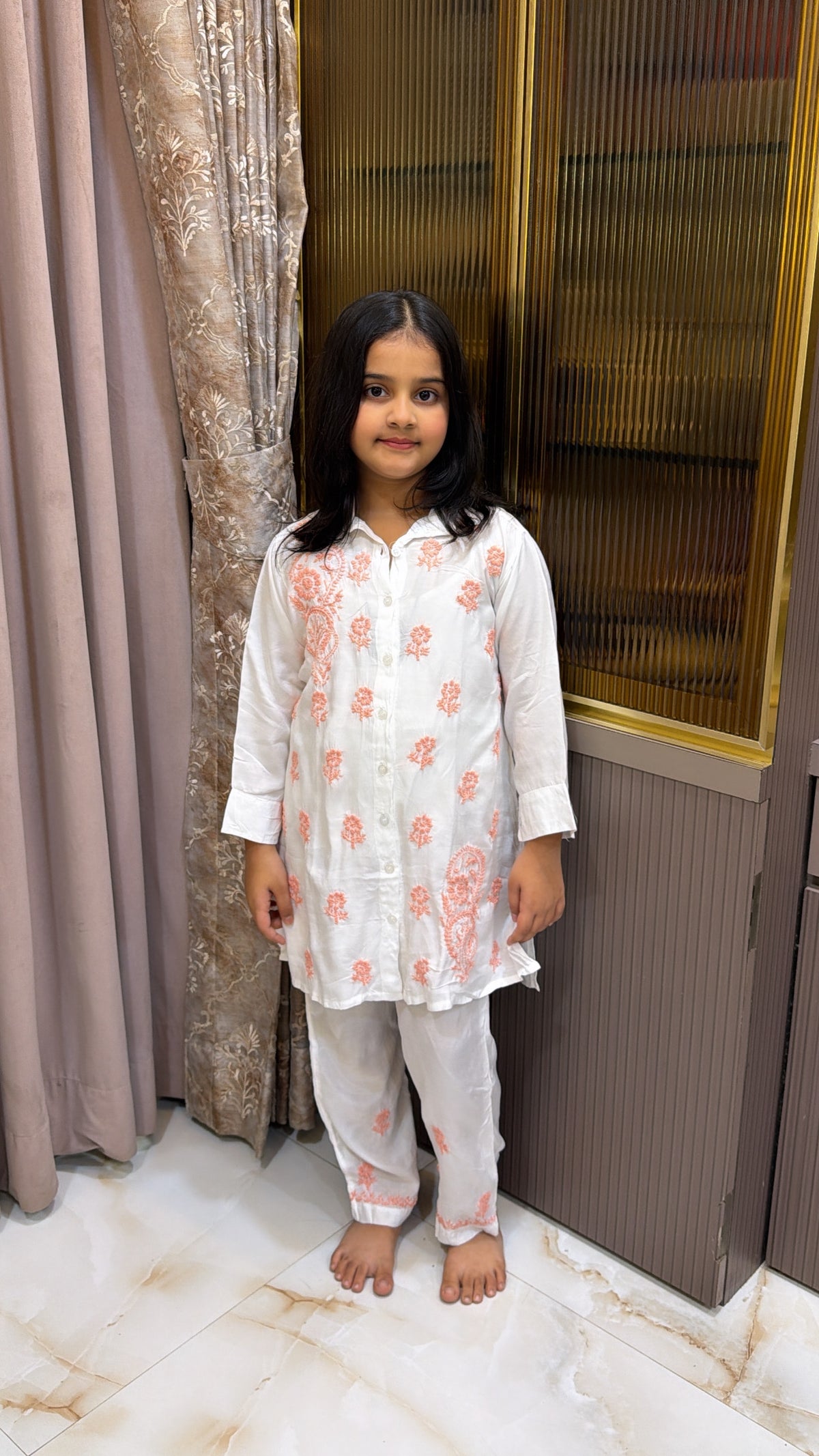 #2020 Peach Kids Rayon White with Coloured Co-Ord Set