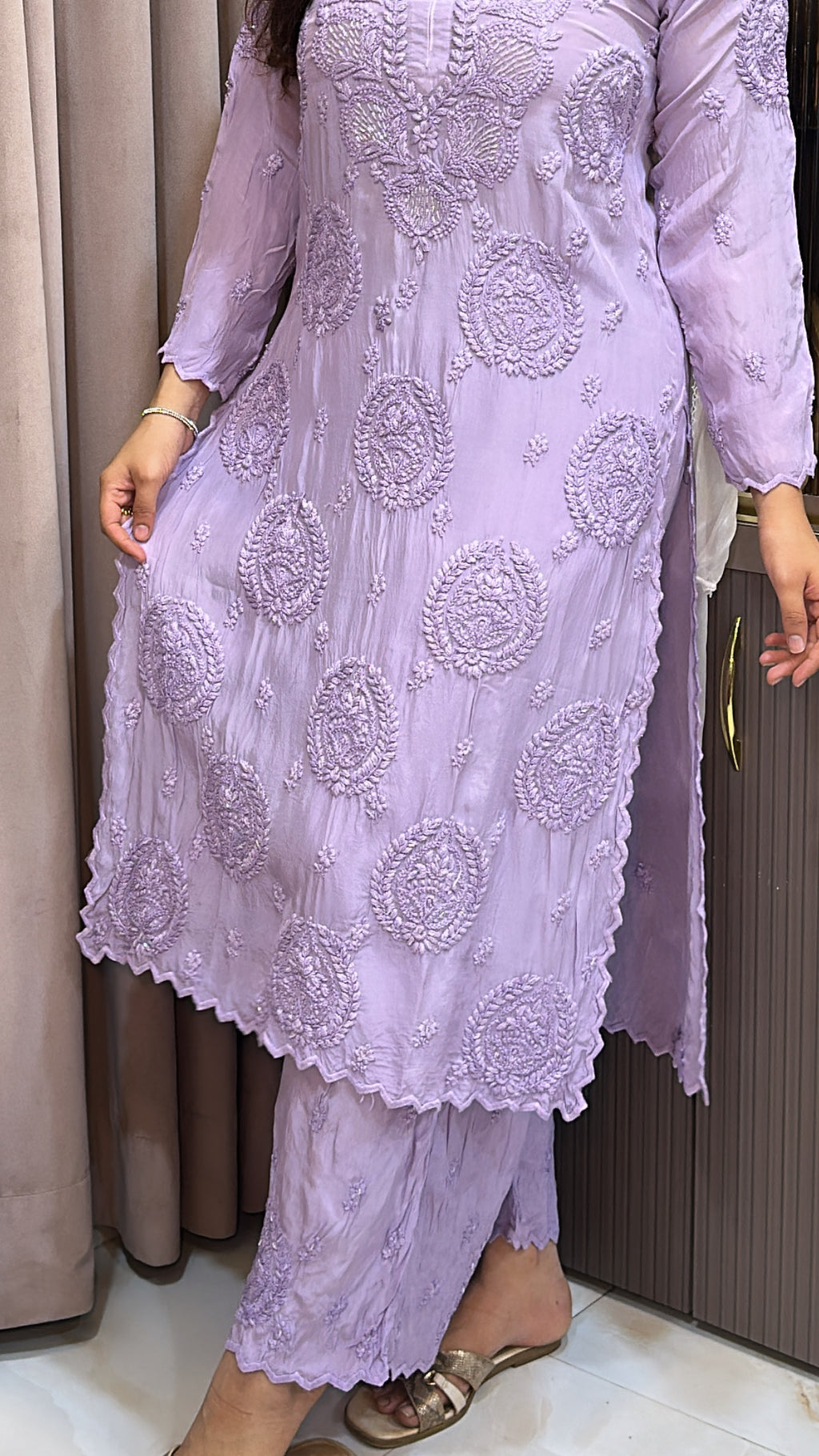 Purple Jasmin crepe cutwork set with mukesh work