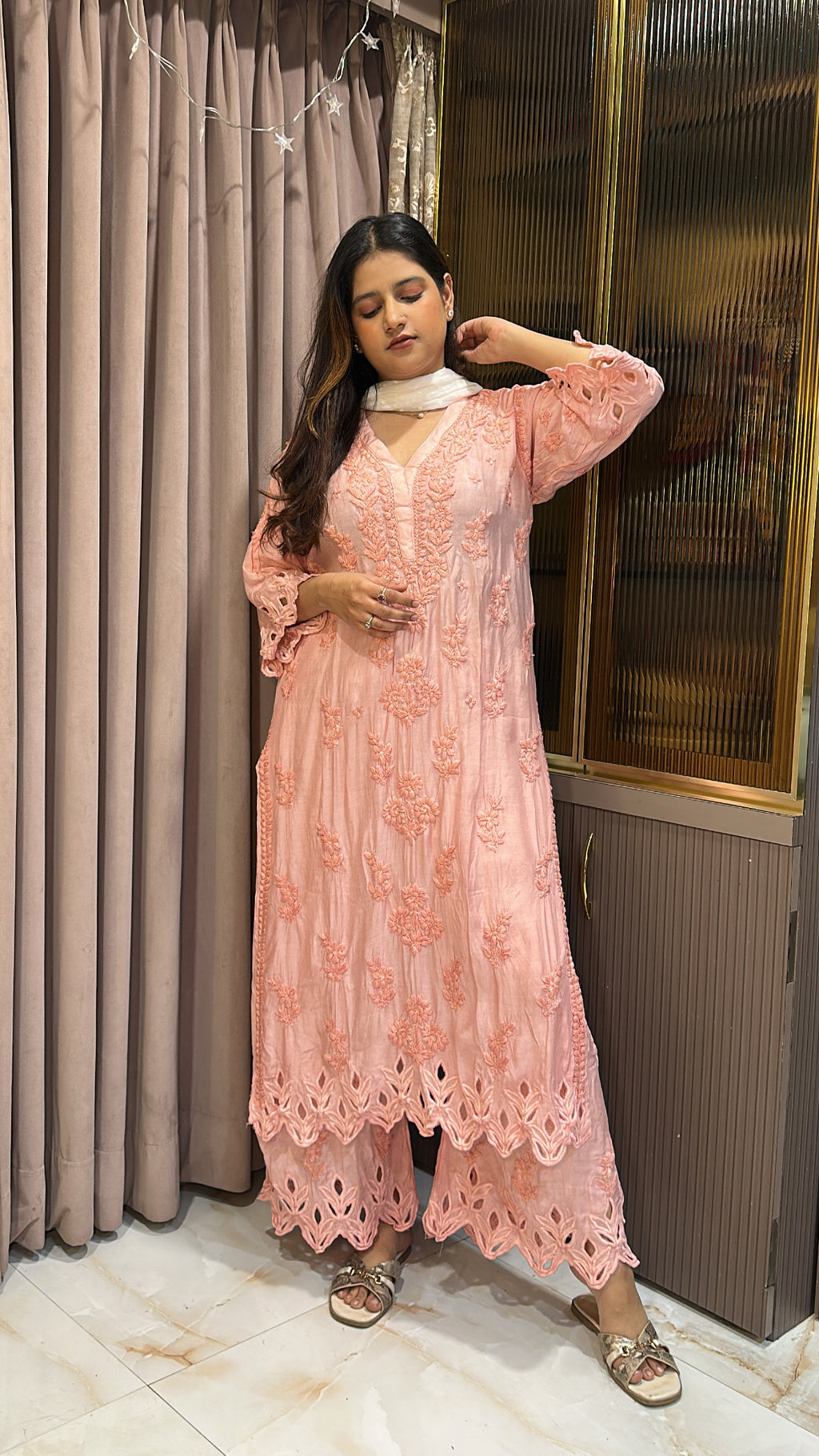 Peach Safa pure muslin cutwork set