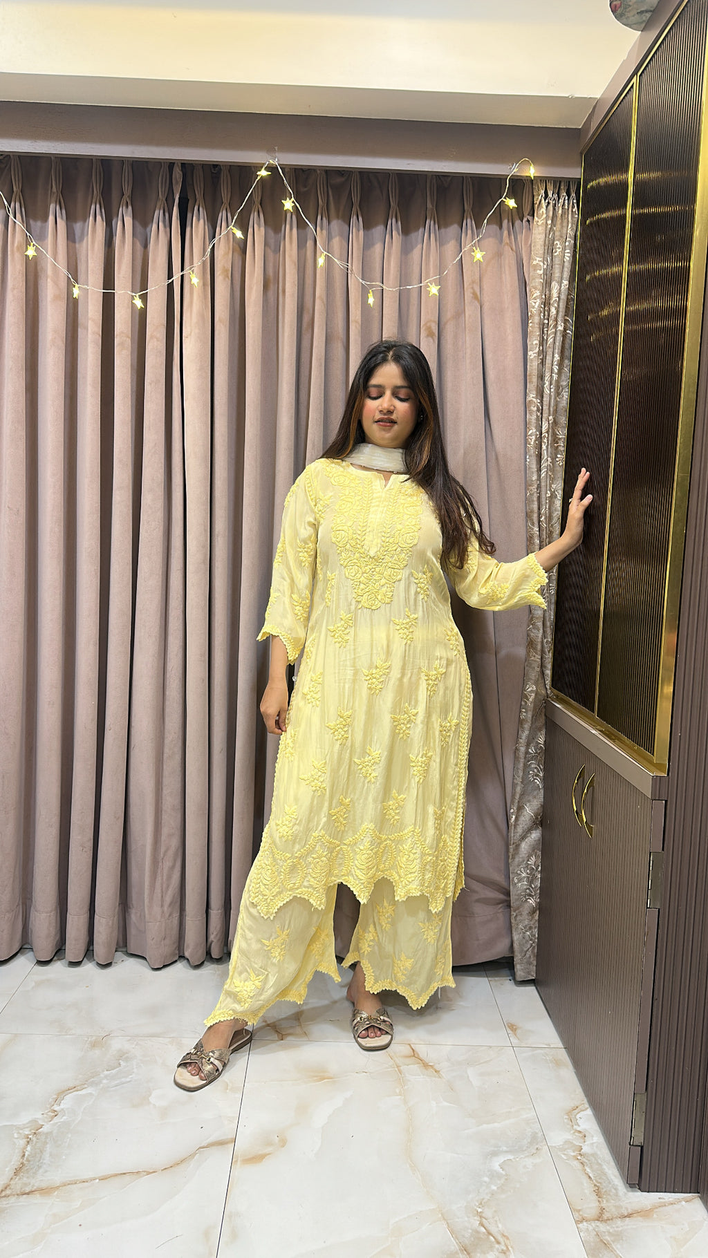 Yellow Pure crepe cut work set