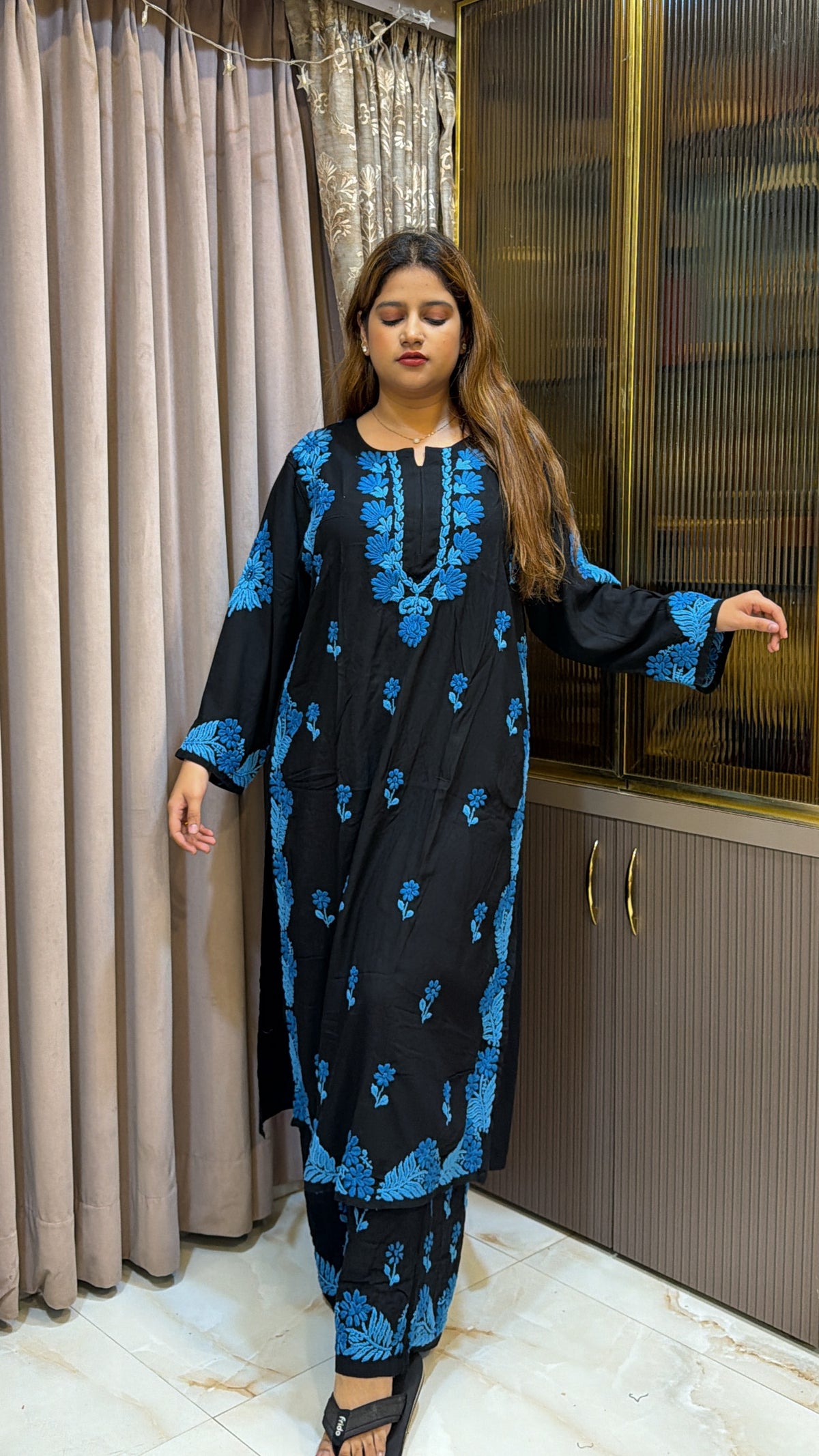 #2015 Plus Size Black & Blue Pure Rayon Lucknowi Plazo Set with Handwork