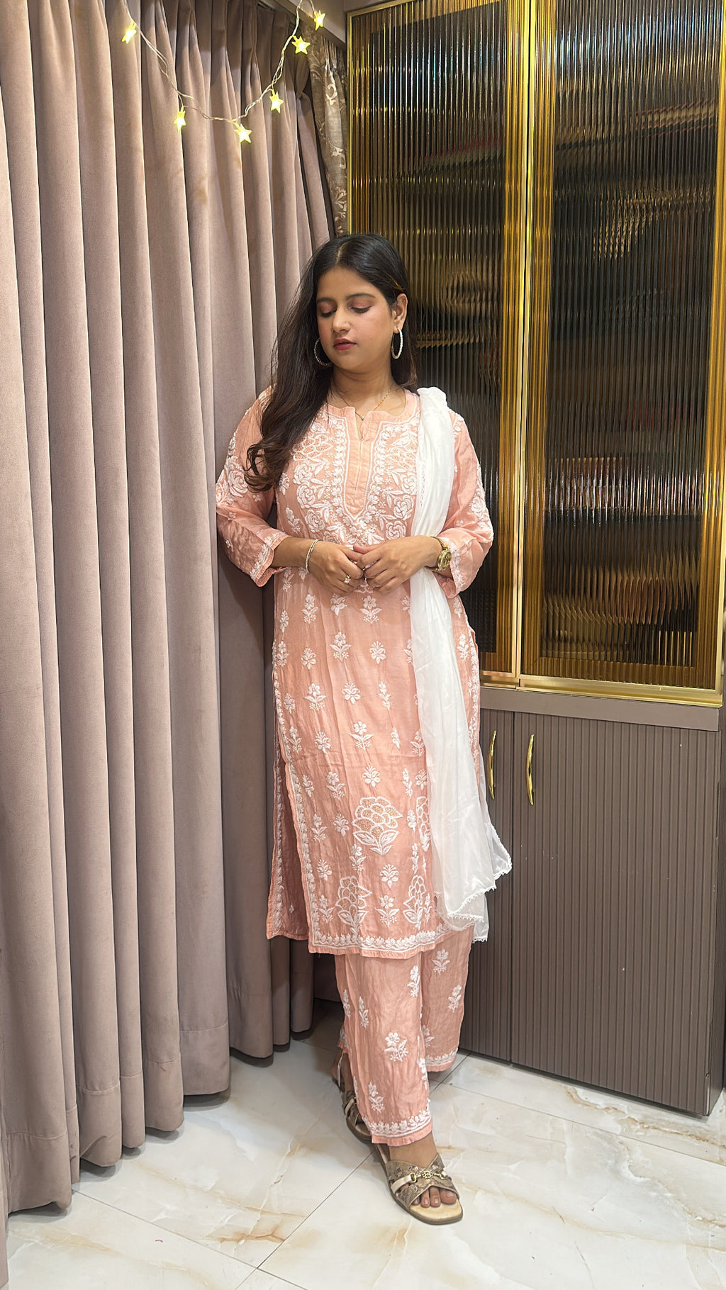 Peach Pure muslin mukesh work set