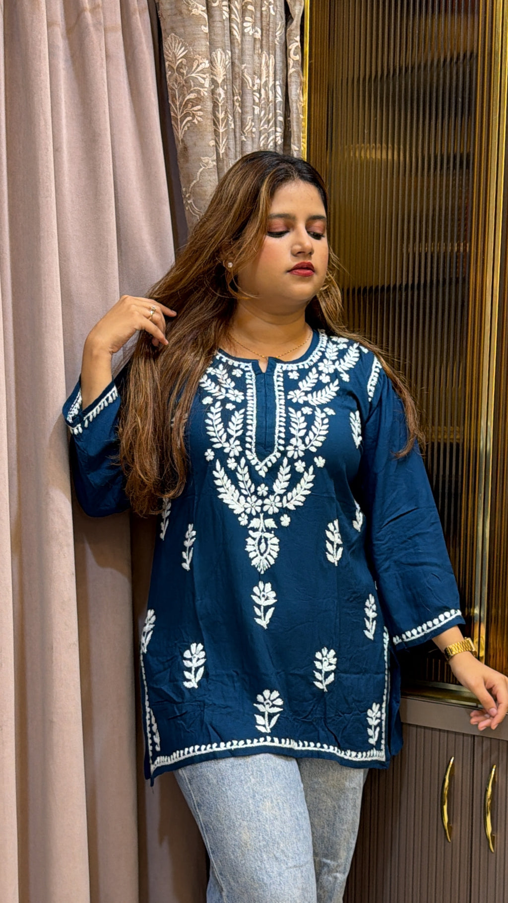 #2014 Teal Blue Pure Rayon Lucknowi Short Top