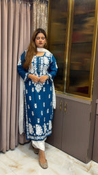 #2009 Teal Blue Rayon Chikankari Kurti | Premium Lucknowi Handwork