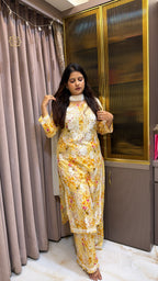Yellow Mul Printed Lucknowi Plazo Set