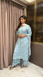 Ice blue Safa pure muslin cutwork set