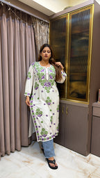 #2013 Purple & White Pure Rayon Lucknowi Kurti with Handwork