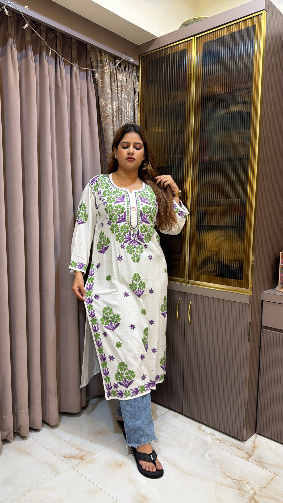 #2013 Purple & White Pure Rayon Lucknowi Kurti with Handwork