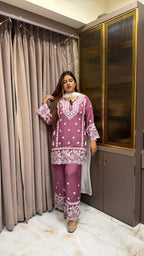 #2022 Mauve Muslin Lucknowi Cutwork Co-Ord Set