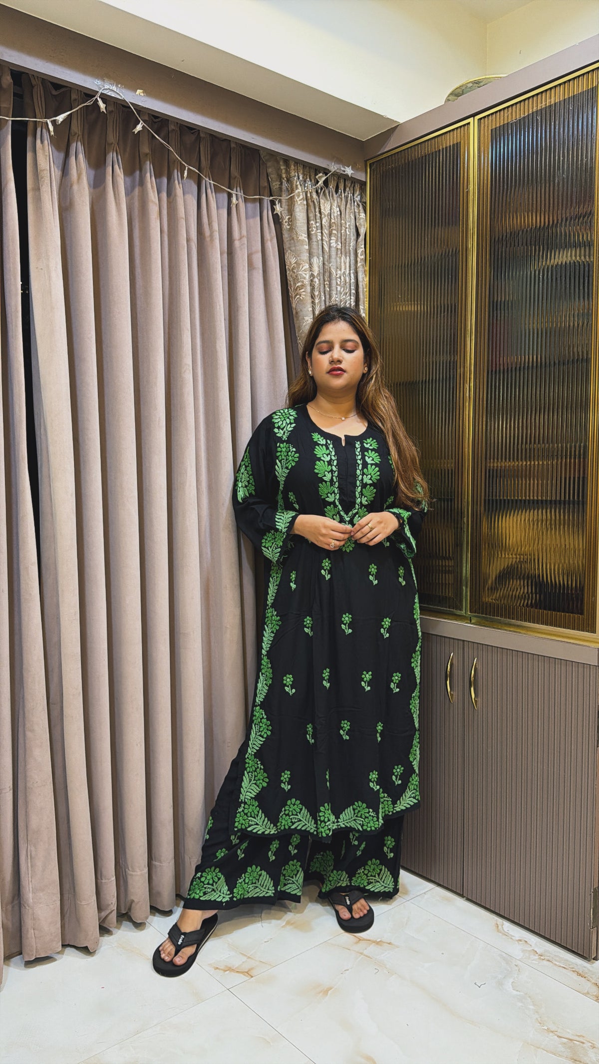 #2015 Plus Size Black & Green Pure Rayon Lucknowi Plazo Set with Handwork