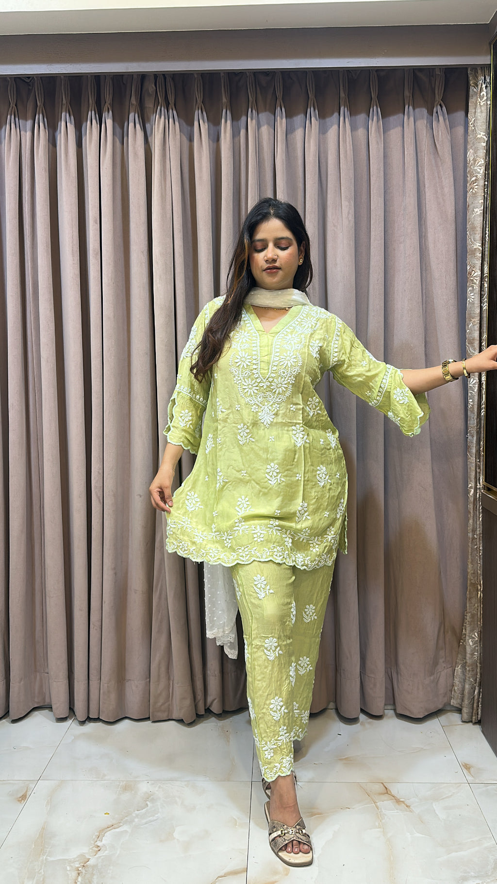 Parrot green Muslin cut work co ord