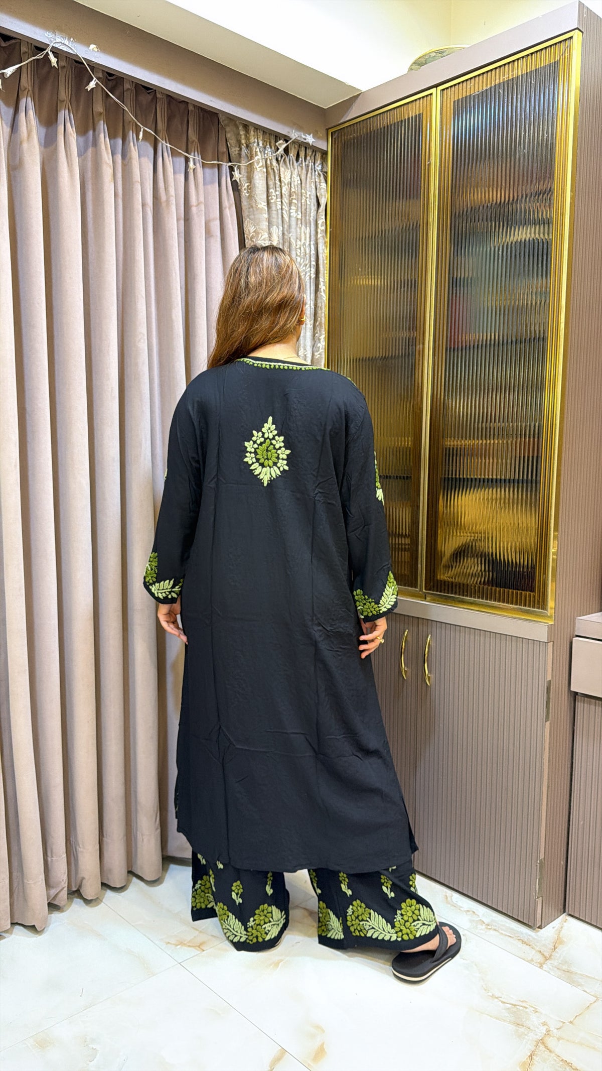 #2015 Plus Size Black & Olive Green Pure Rayon Lucknowi Plazo Set with Handwork