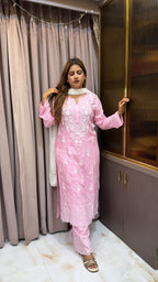 Pink Muslin chikan lucknowi work set