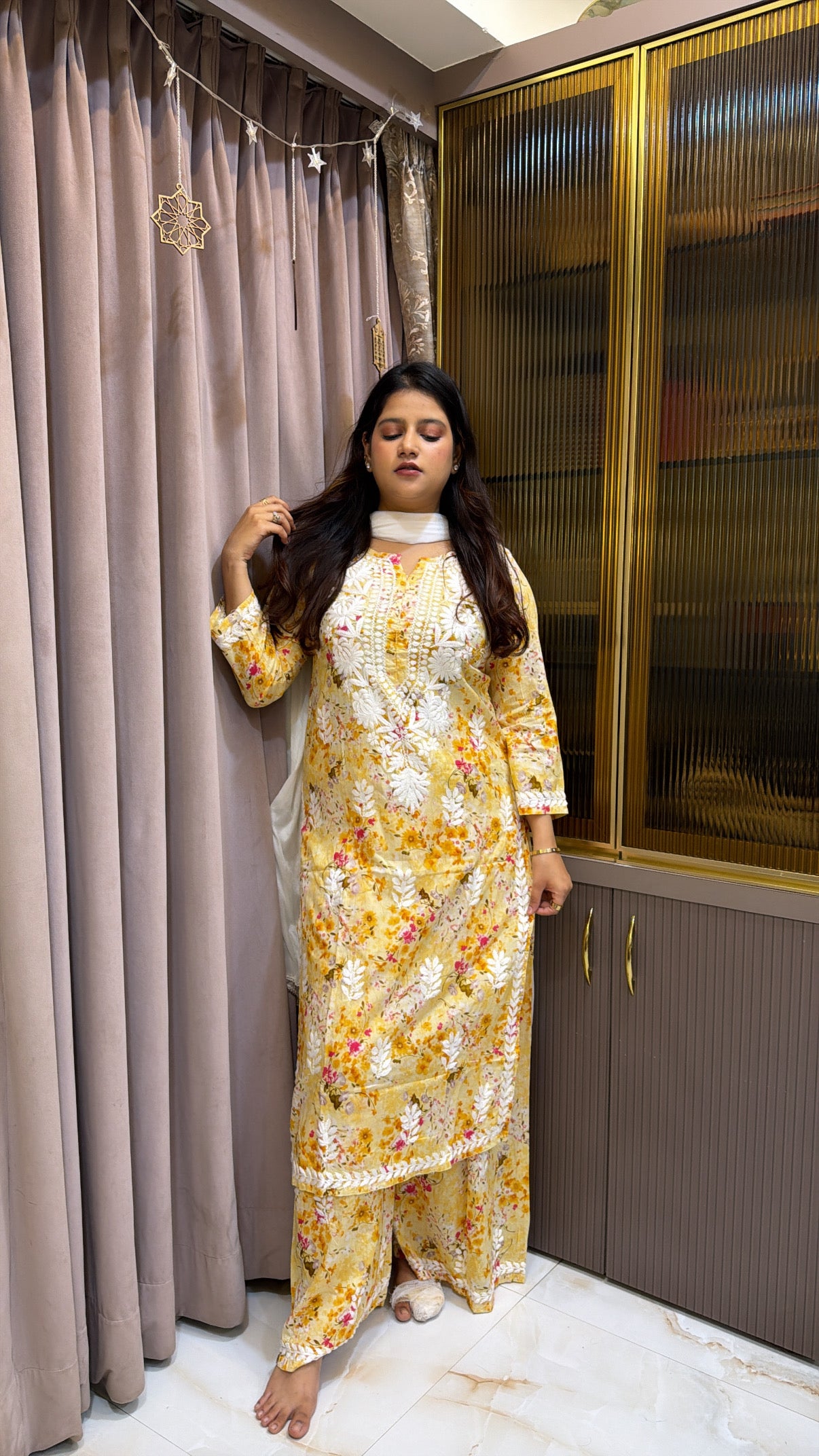 Yellow Mul Printed Lucknowi Plazo Set
