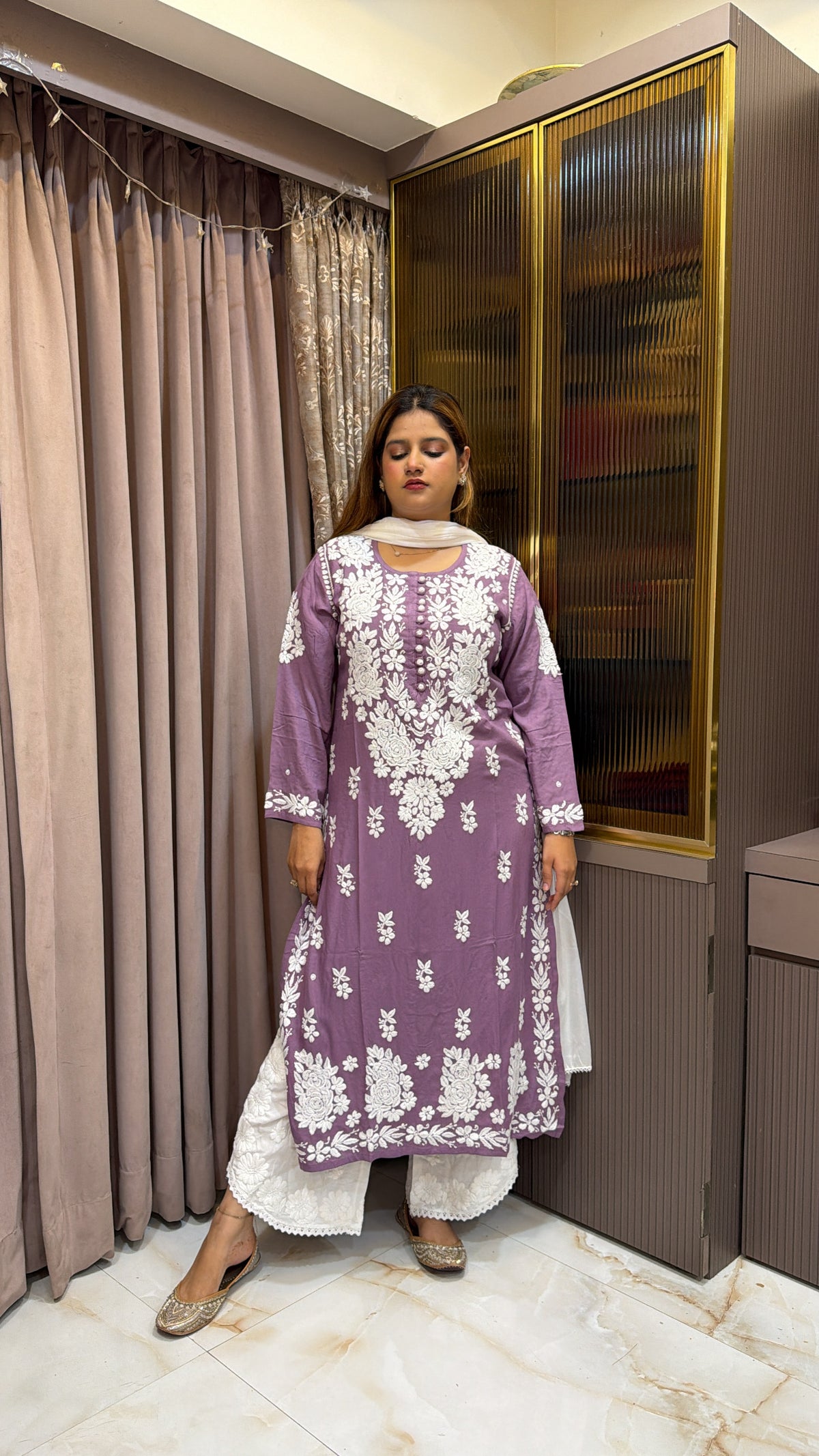 #2009 Dark Purple Lucknowi Kurti in Pure Rayon | Needlecraft