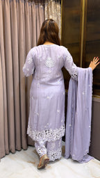 #2017 Lavender Muslin Cutwork Three Piece Plazo Set