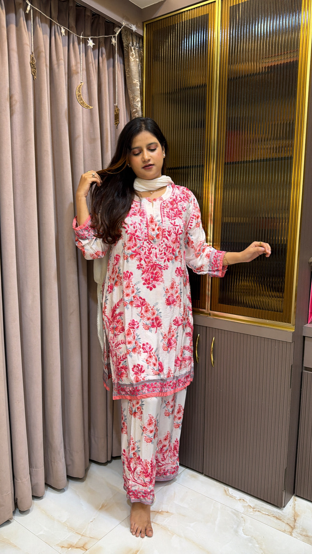 Rose pink Poly Crepe Printed Co ord Set