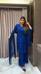 #2016 Royal Blue Pure Crepe Cutwork Lucknowi Co Ord Plazo Set