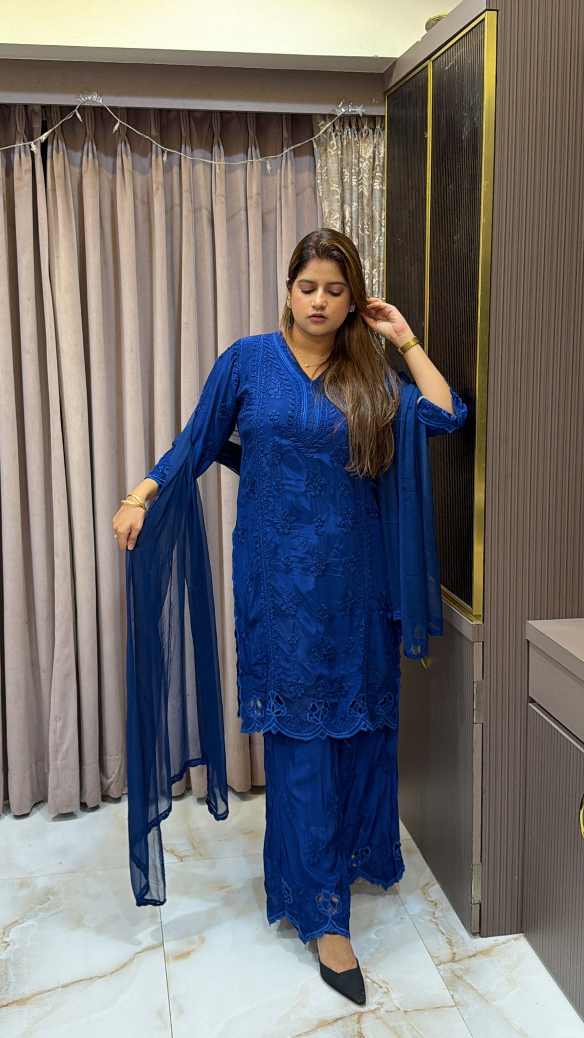 #2016 Royal Blue Pure Crepe Cutwork Lucknowi Co Ord Plazo Set