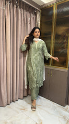 Olive green Safa pure muslin cutwork set