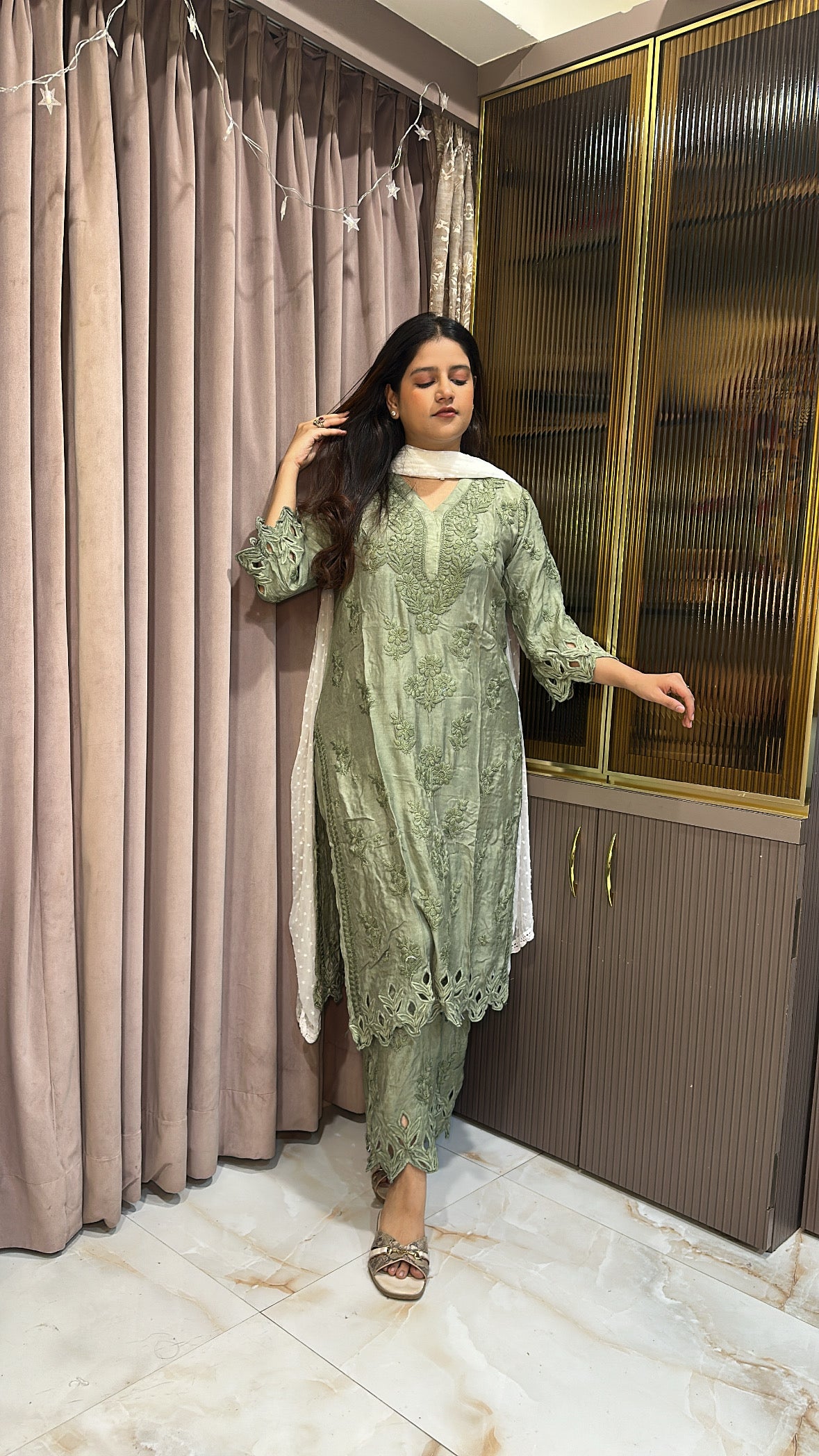 Olive green Safa pure muslin cutwork set