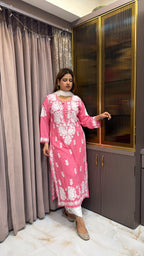 #2009 Pink Pure Rayon Lucknowi Kurti | Hand Embroidered Elegance
