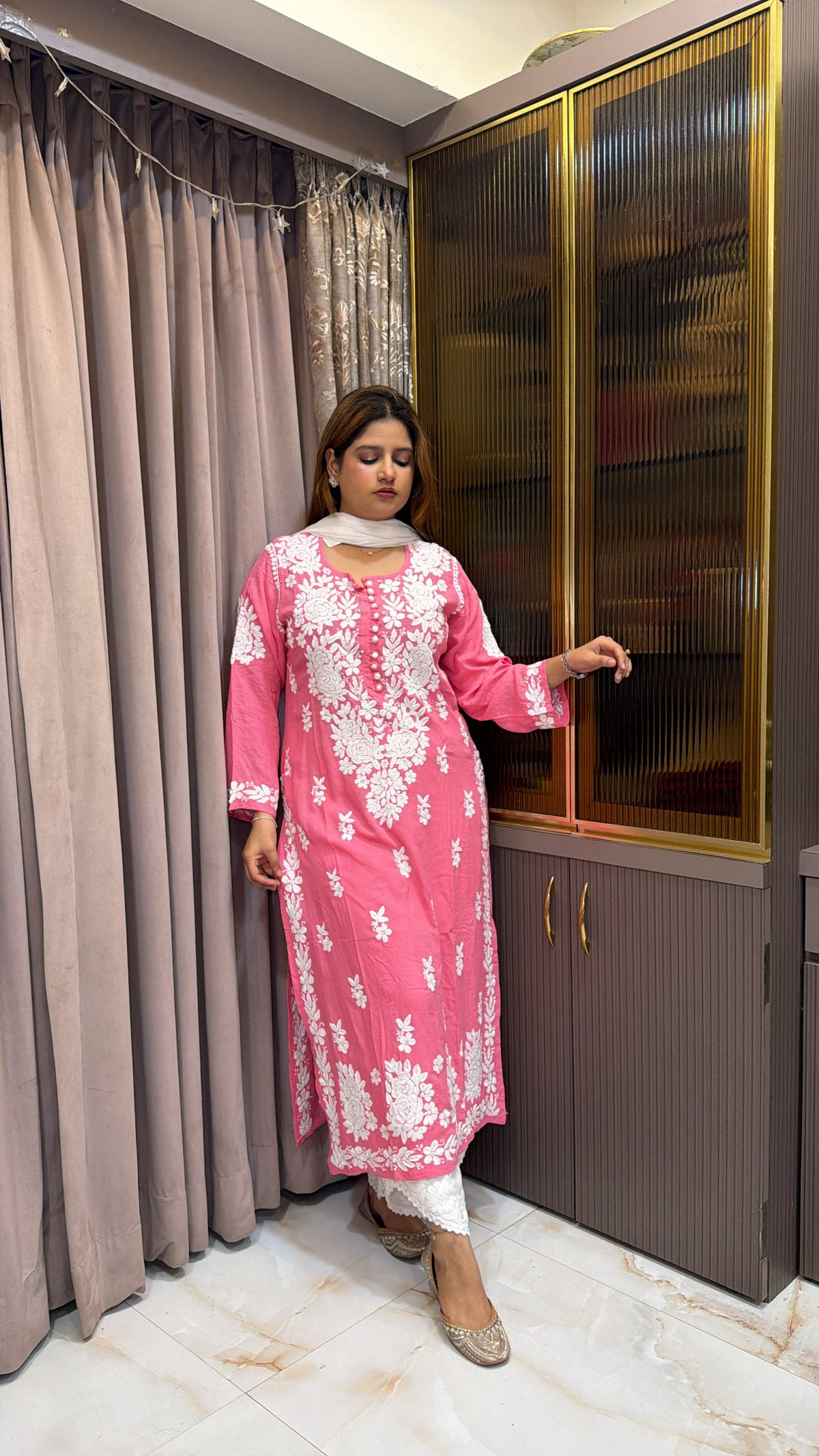 #2009 Pink Pure Rayon Lucknowi Kurti | Hand Embroidered Elegance