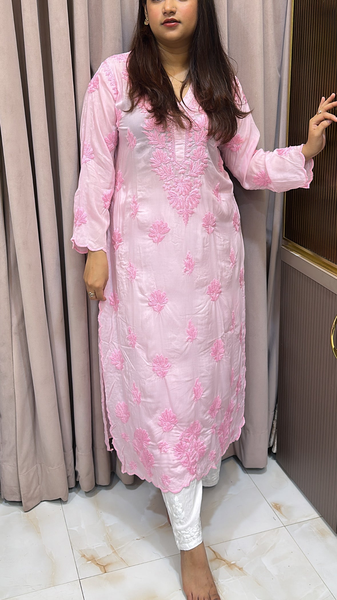 Baby pink Pure modal lucknowi cut work kurti