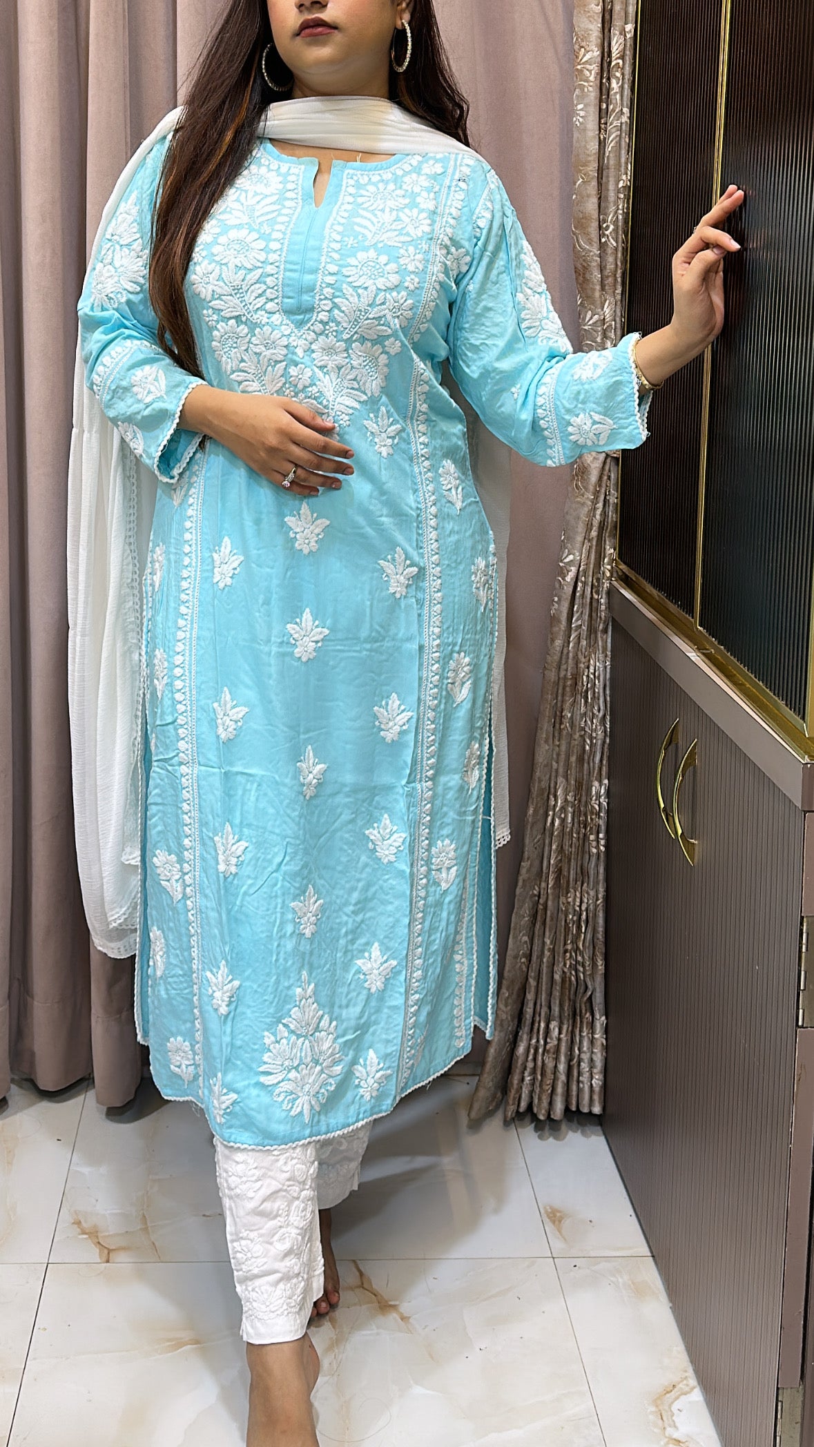 Baby blue Pure modal lucknowi kurti