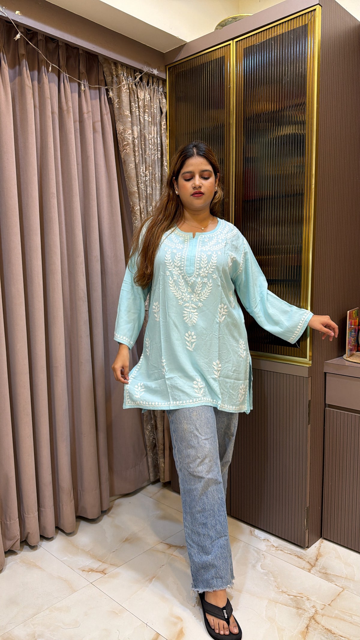 #2014 Baby Blue Pure Rayon Lucknowi Short Top