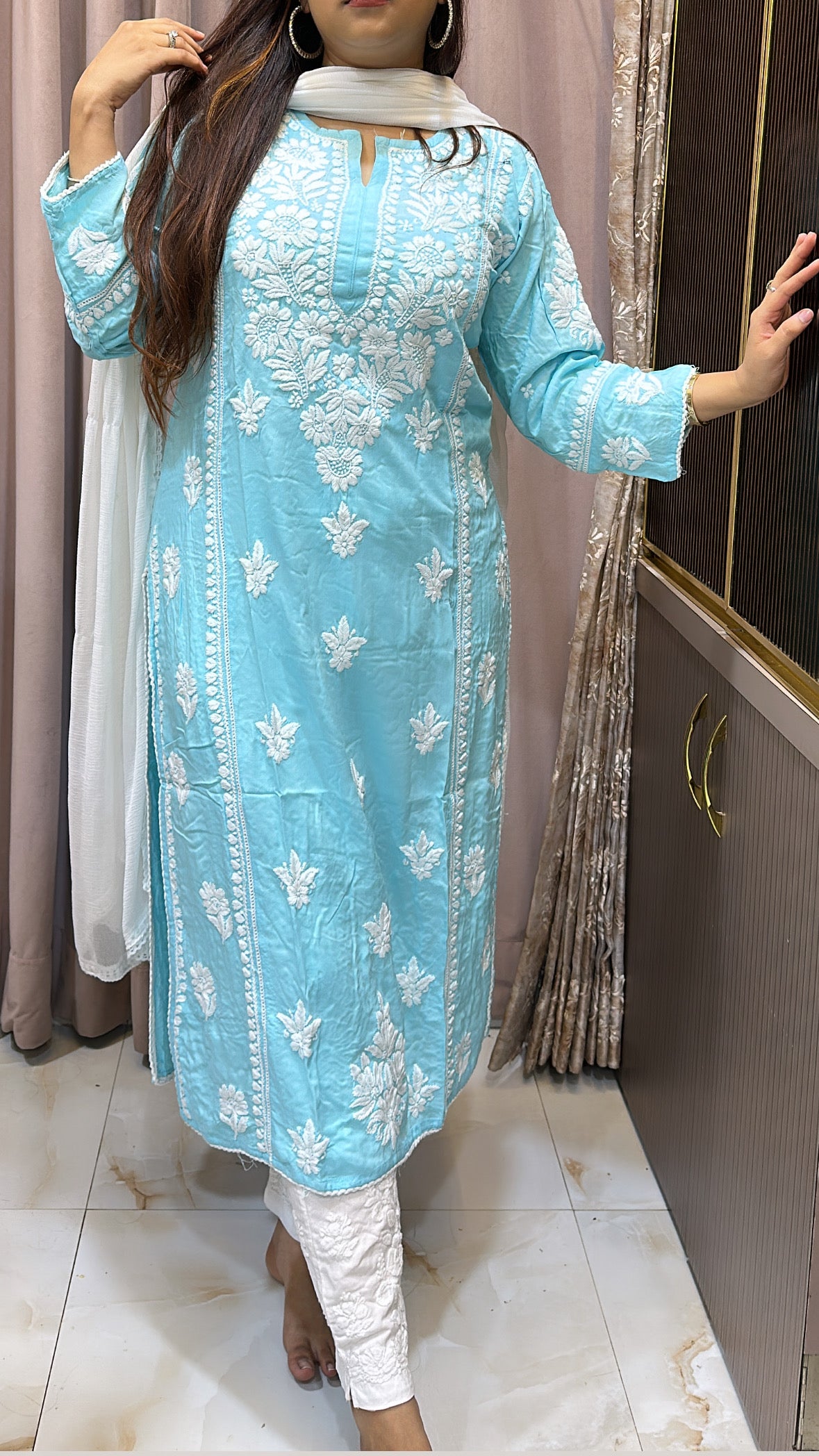 Baby blue Pure modal lucknowi kurti