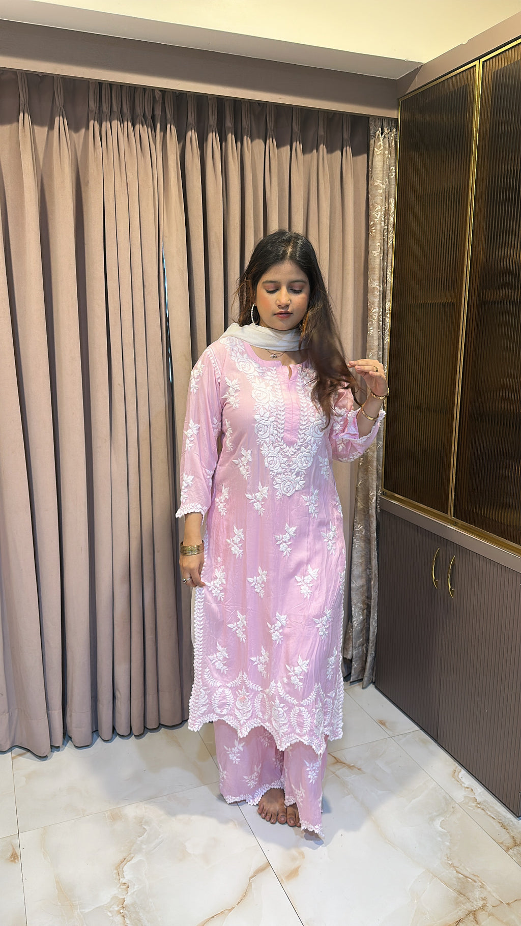 Baby pink lucknowi cut work sets