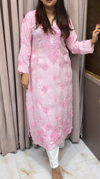 Baby pink Pure modal lucknowi cut work kurti