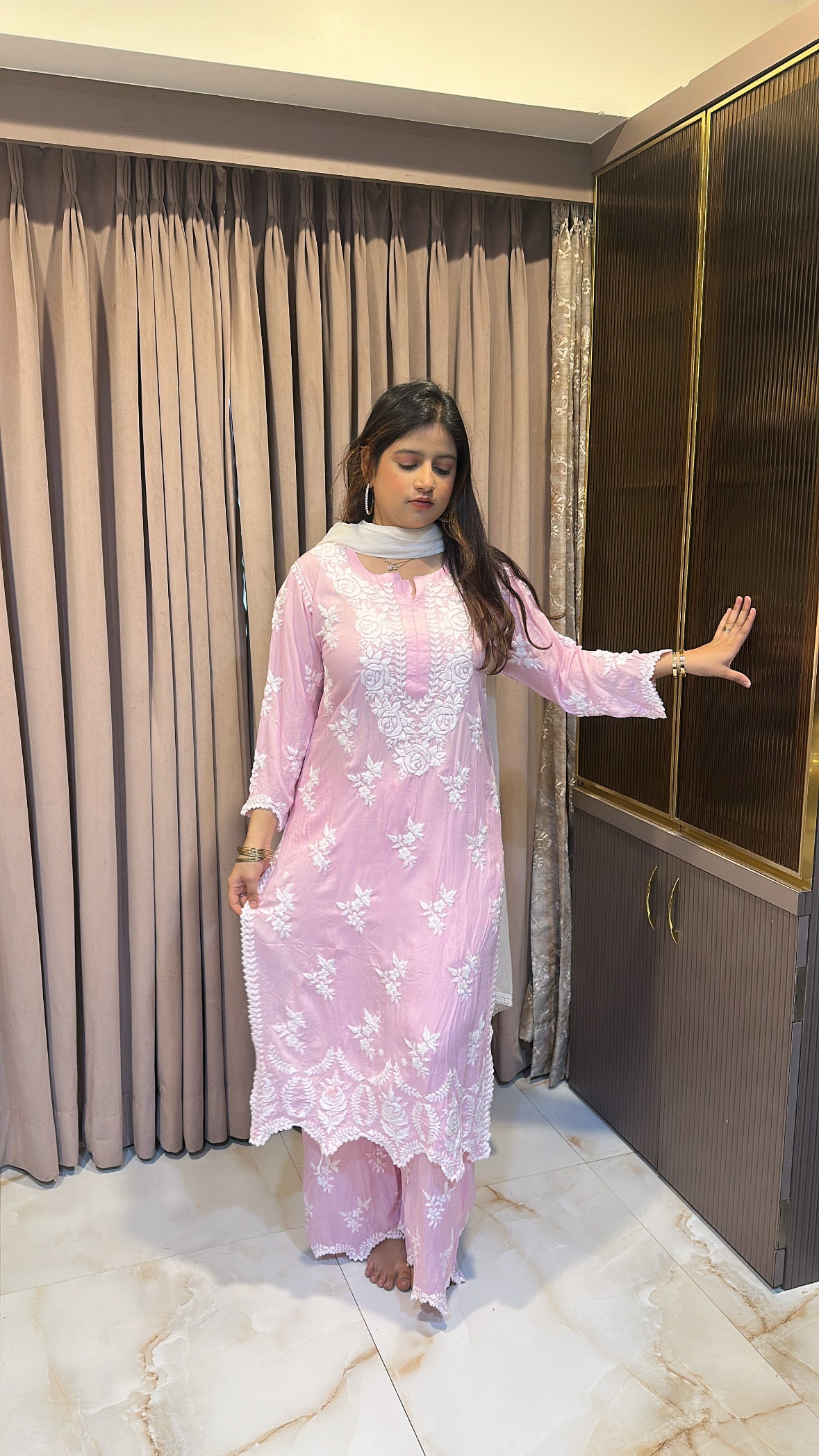 Baby pink lucknowi cut work sets