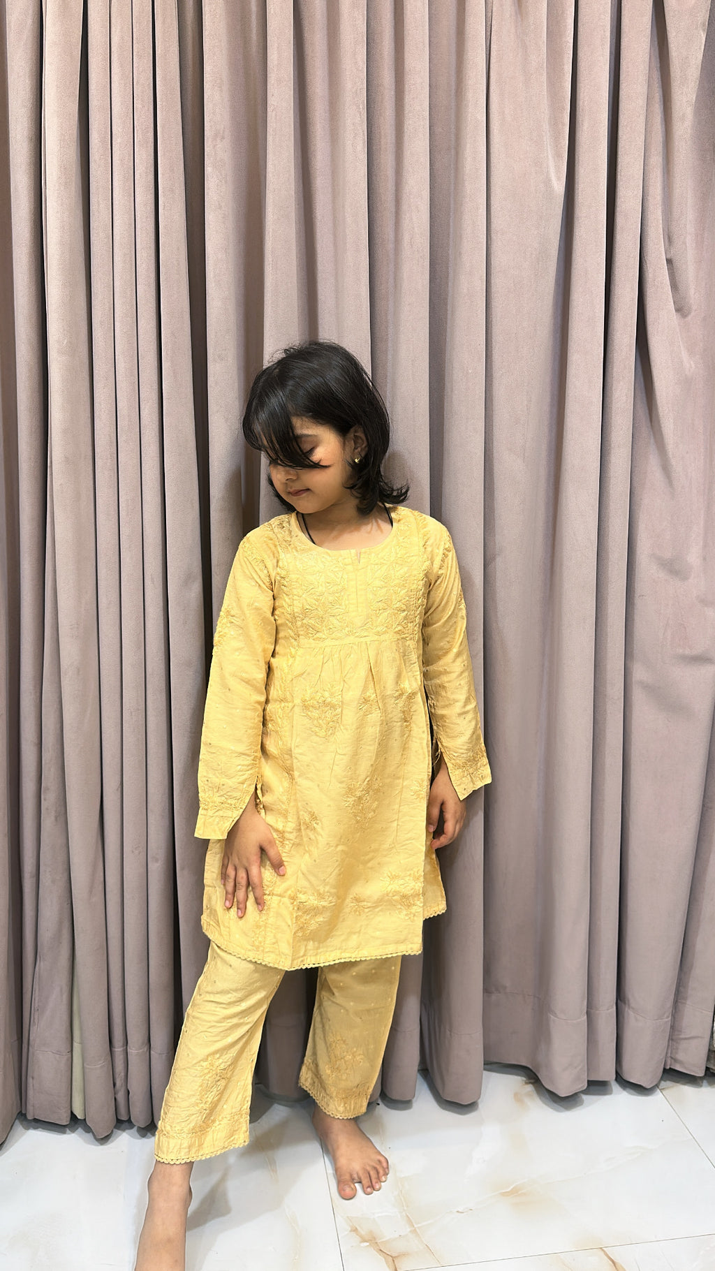 Beige lucknowi kids chanderi pant set