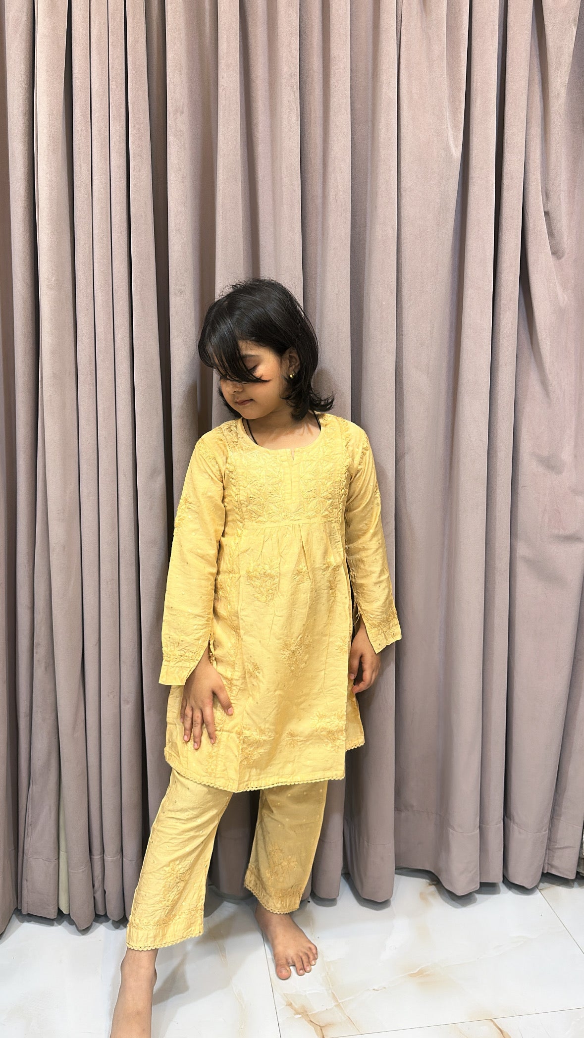 Beige lucknowi kids chanderi pant set