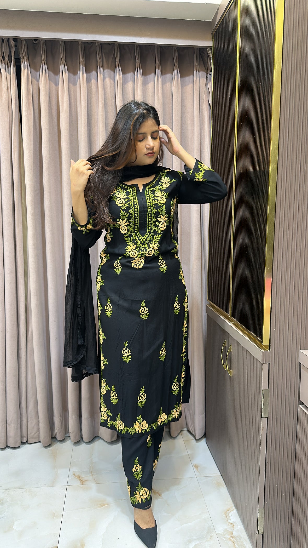 Beige coloured Rose black  plazo set