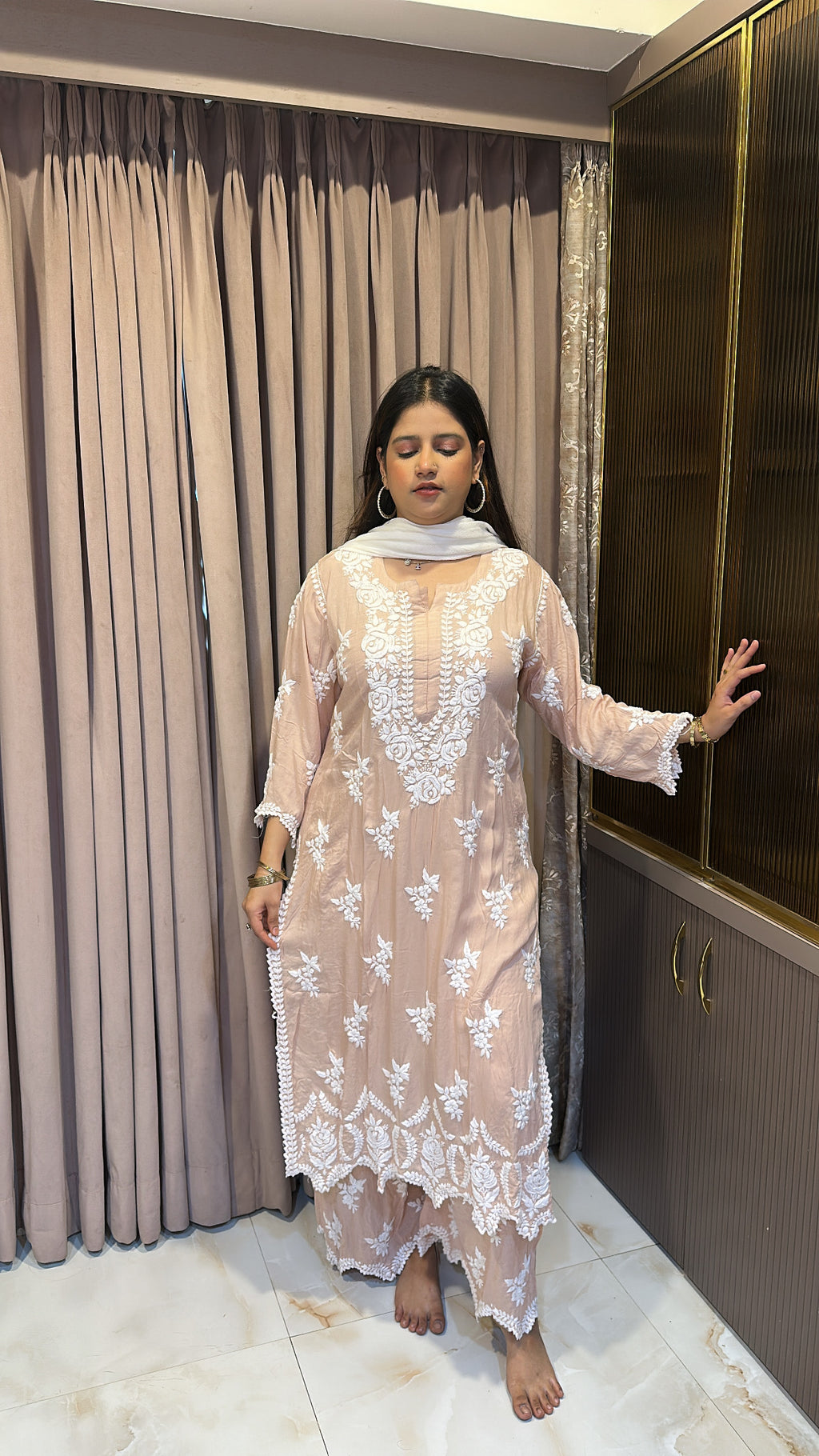 Beige lucknowi cut work sets