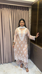 Beige lucknowi cut work sets