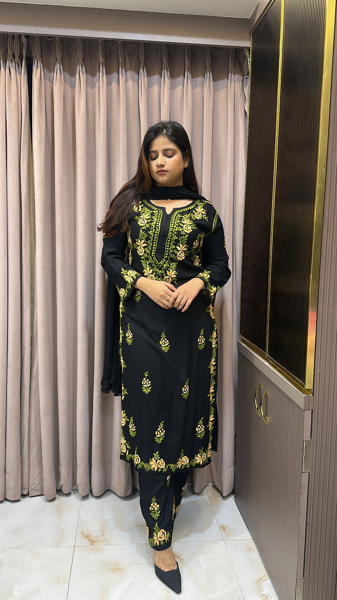 Beige coloured Rose black  plazo set