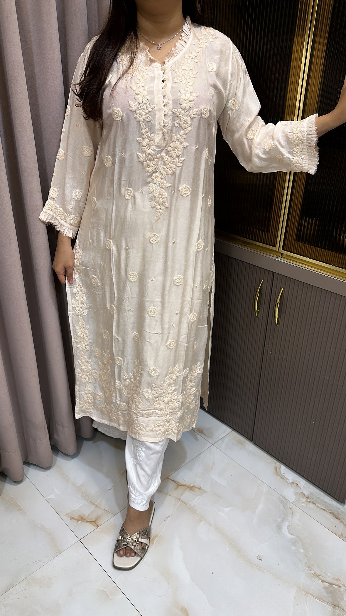 Beige Muslin front button kurti