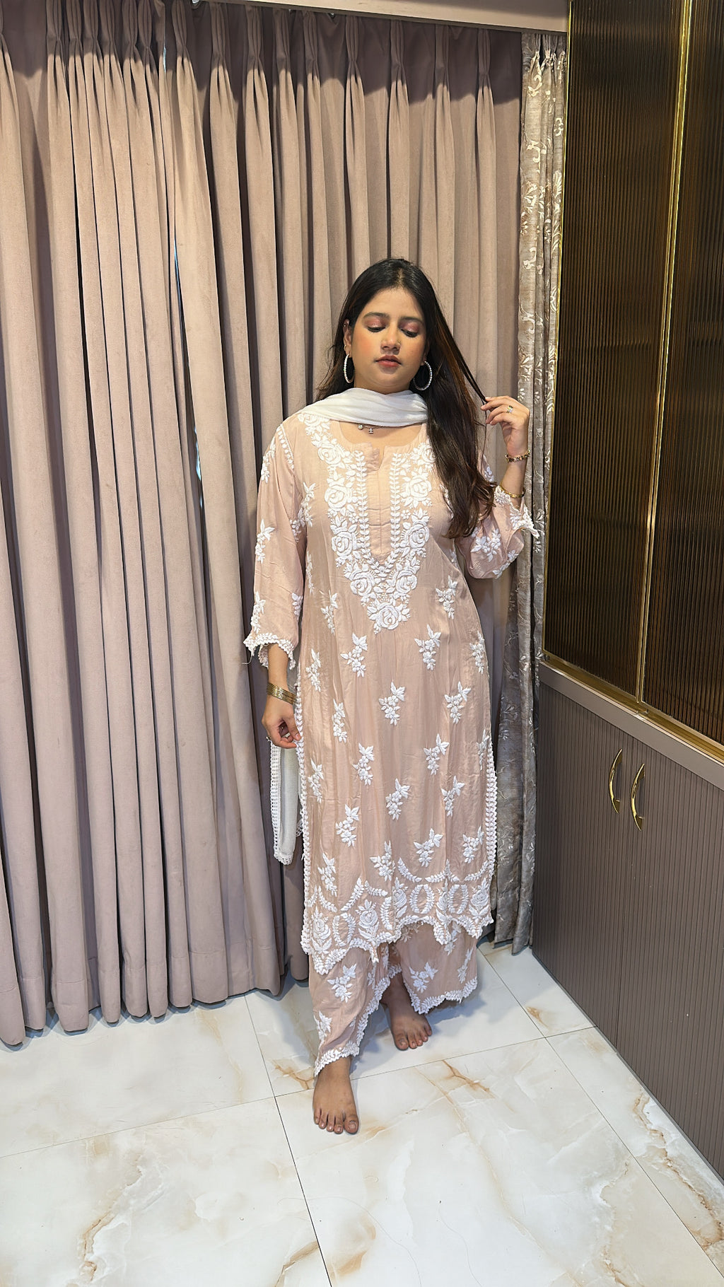 Beige lucknowi cut work sets