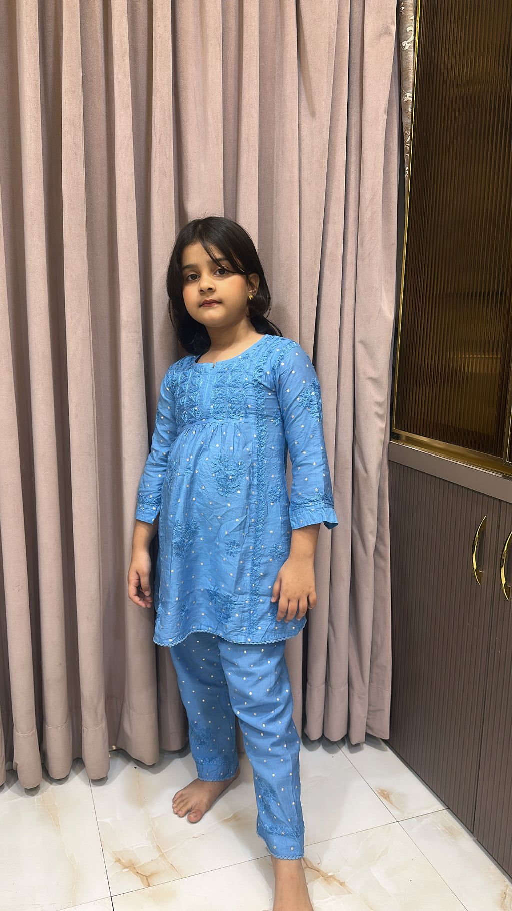 Blue lucknowi kids chanderi pant set