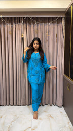 Blue Rayon lucknowi pant co ord set