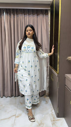 Rayon White with Blue Aline plazo set