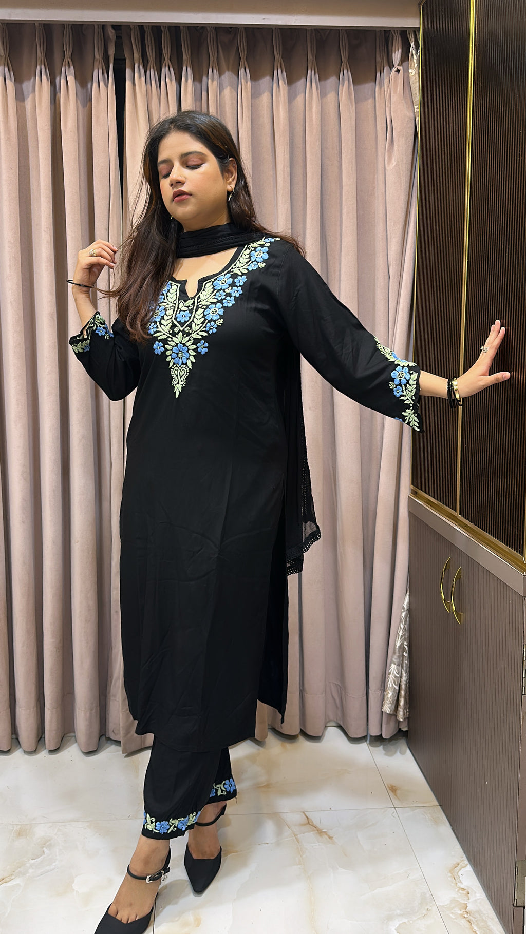 Rayon black with Blue cross sleeves plazo set