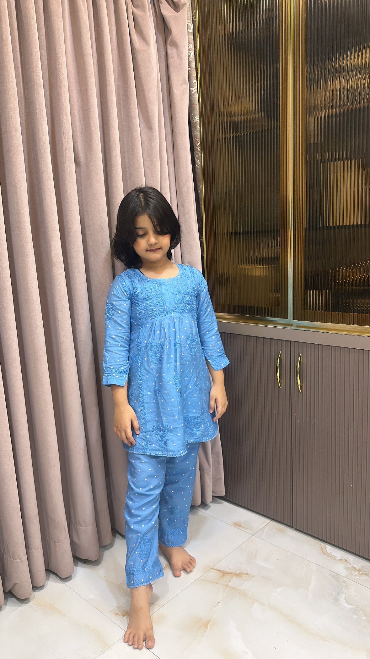 Blue lucknowi kids chanderi pant set