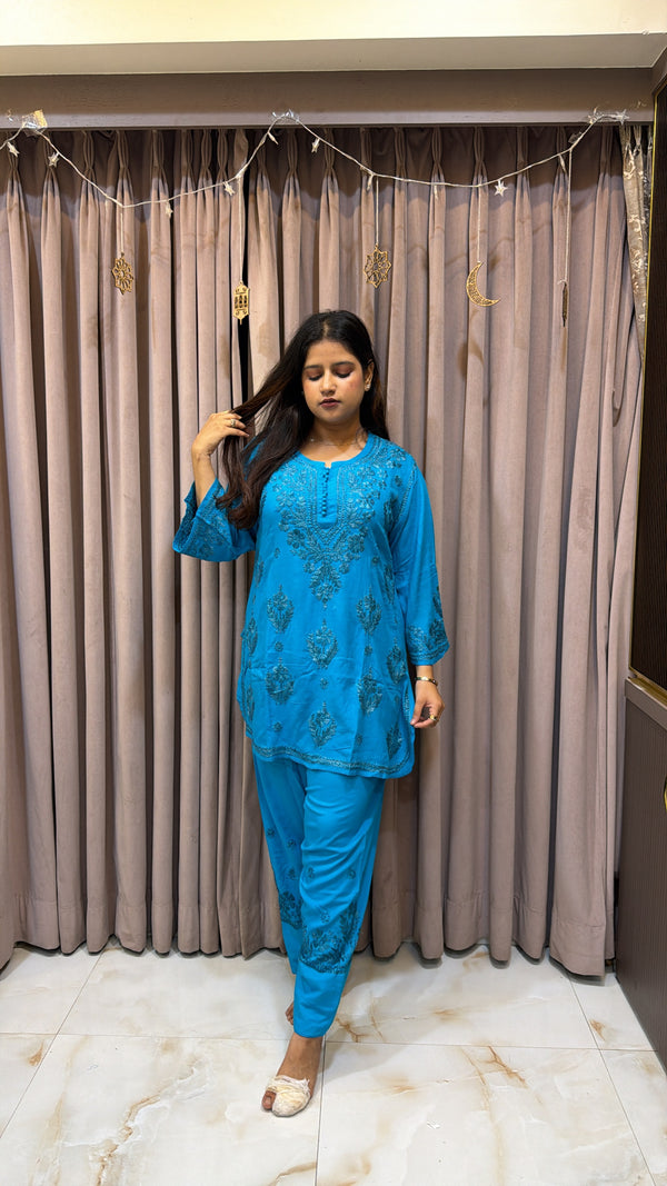 Blue Rayon lucknowi pant co ord set