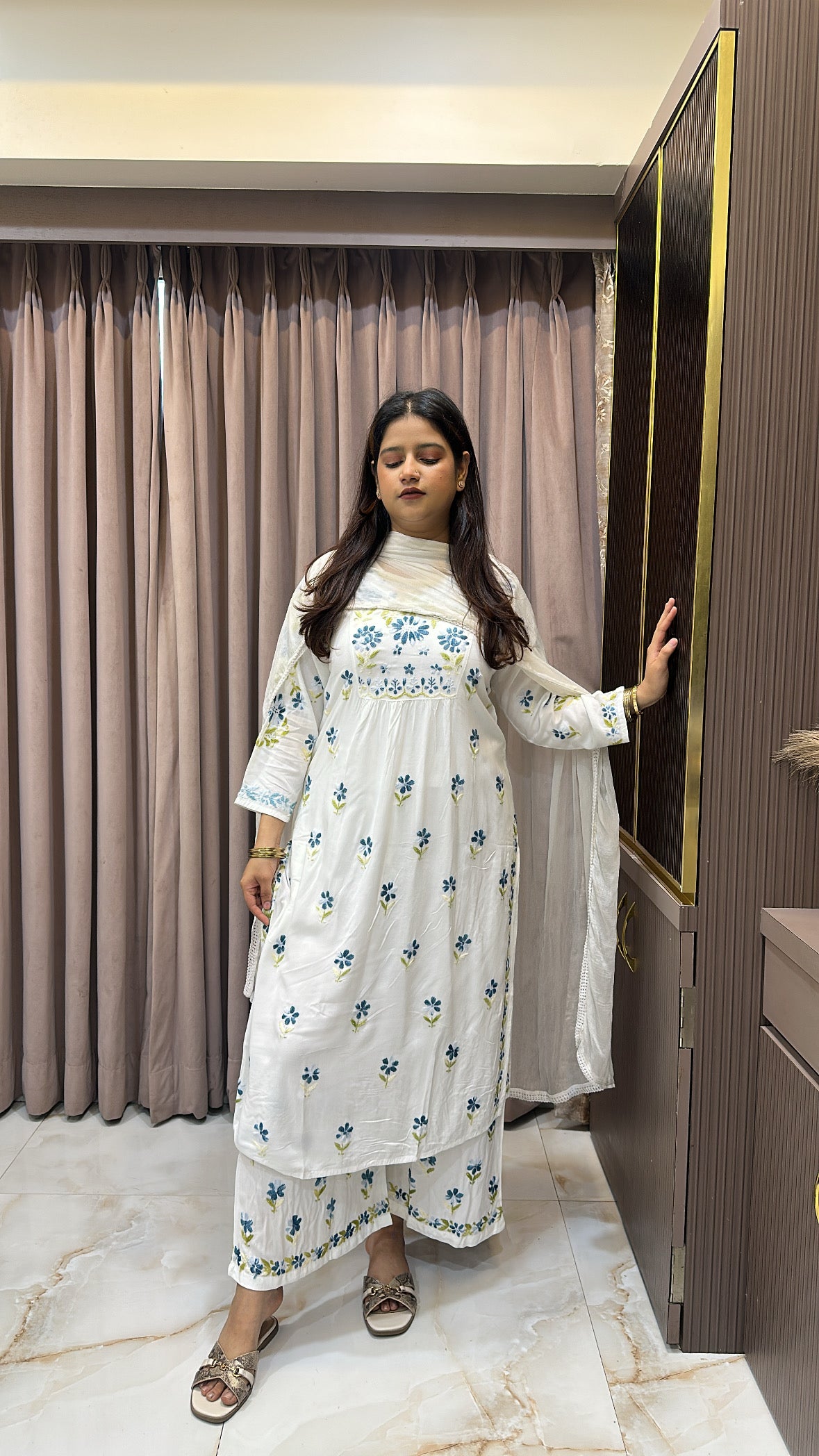 Rayon White with Blue Aline plazo set